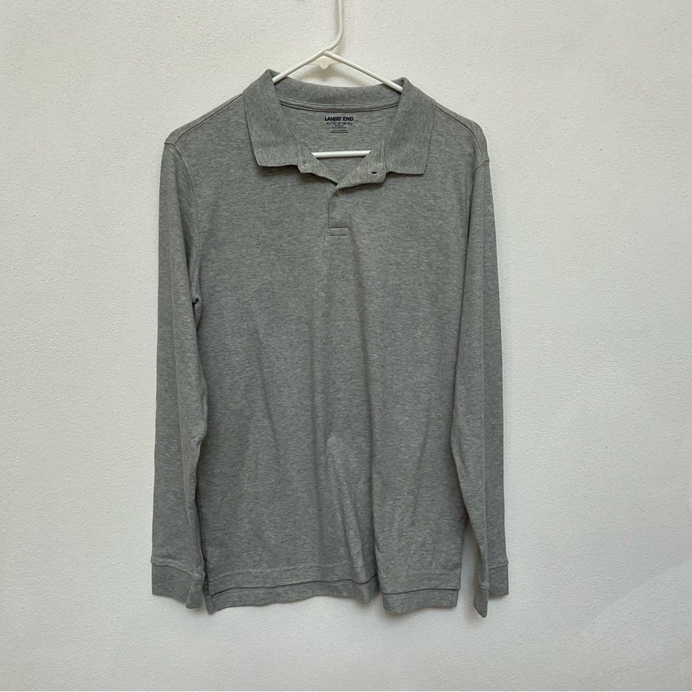 Lands' End Kid's Long Sleeve Grey Polo Shirt Size XL 100% Cotton Uniform School